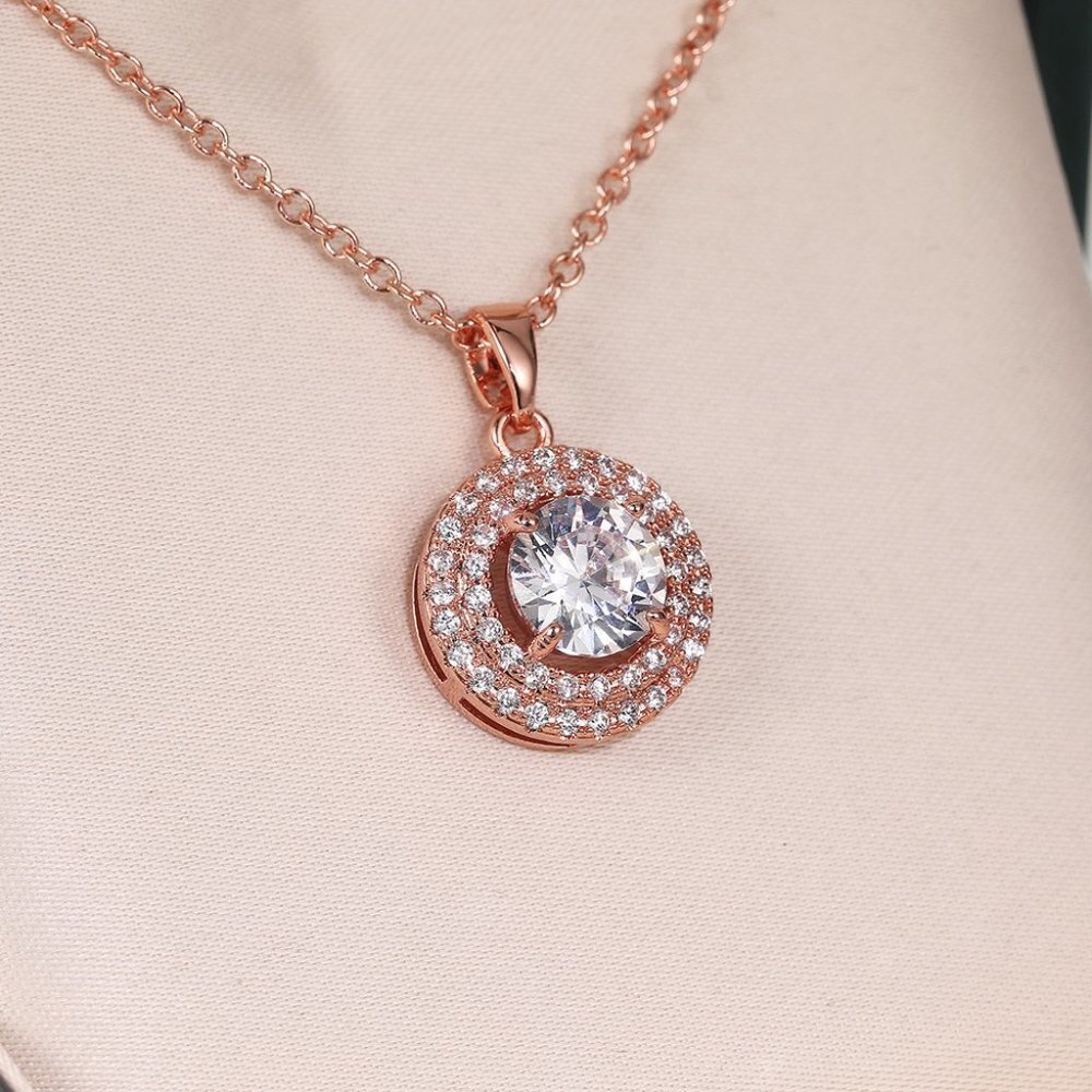 🍁 Shiny Round CZ Multi Layer Rose Gold Plated Classic Dainty Necklace, EVGG1100